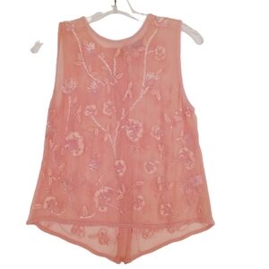 Calypso Soft Coral Embroidered Sequins Sheer Tank Top Blouse Women's Siz…
